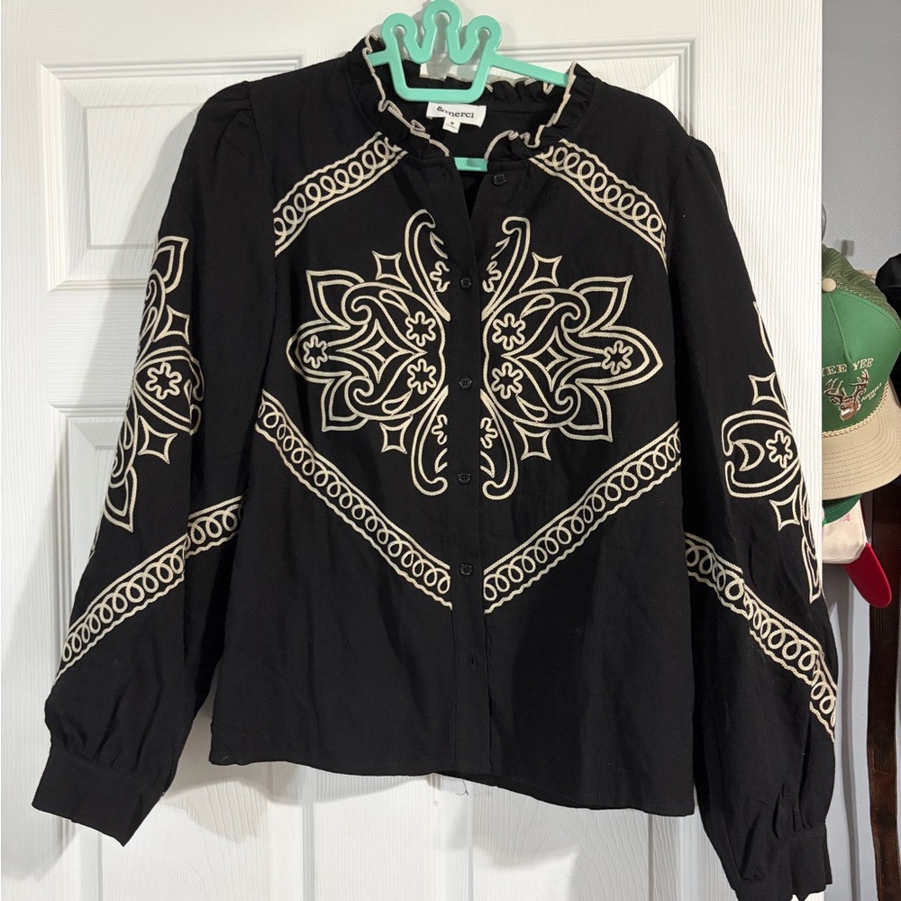 Elegant Black Blouse with Cream Embroidery